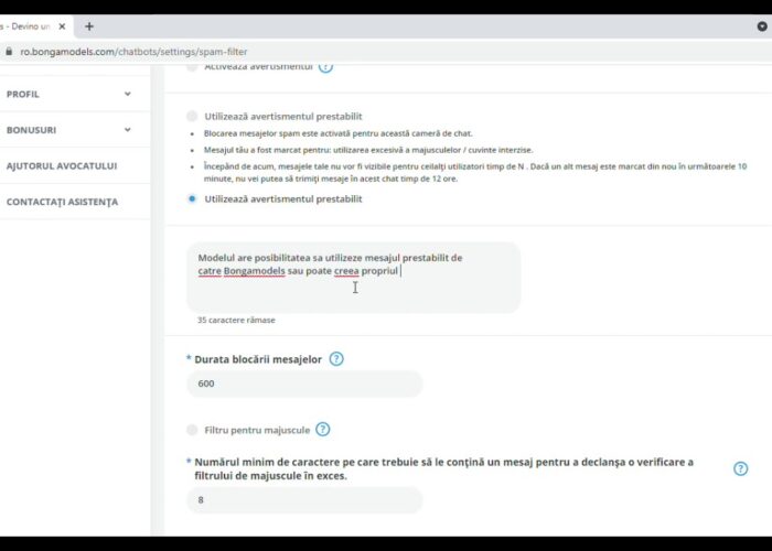 Configuration spam filter ChatBots Bongamodels

 Video Tutorial Bongacams