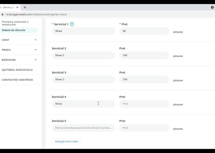 Configuration type Menu robots (tap menu robots) ChatBots (discussion robots) Bongamodels

 Video Tutorial Bongacams