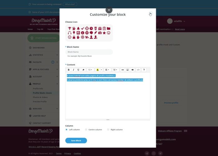Create a classic profile #fac8c8, colored background, simple profile Bongacams

 Video Tutorial Bongacams