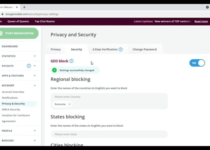 Privacy and security configuration (country lock) Bongamodels

 Video Tutorial Bongacams