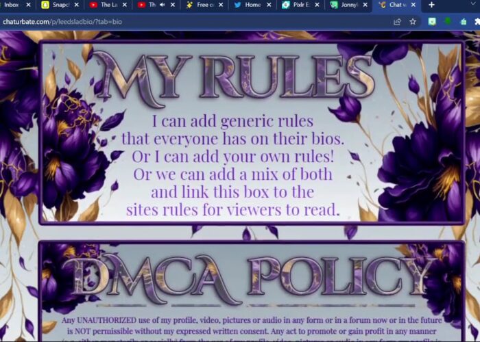 Chaturbate Purple Flower Themed Bio

